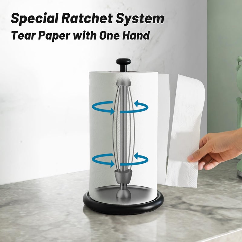 VEHHE Paper Towel Holder Countertop with Weighted Base, One-Handed Tear Paper Towel Holder with Damping Function and EVA Non-Slip Pad for Bathroom and Kitchen - Image 2